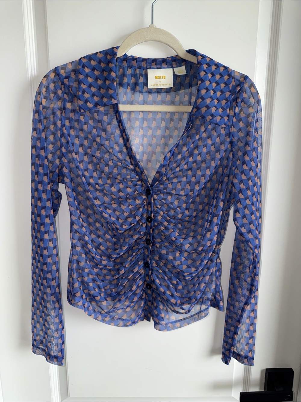 Maeve Blue and Tan Geometric Sheer Button-Front Blouse